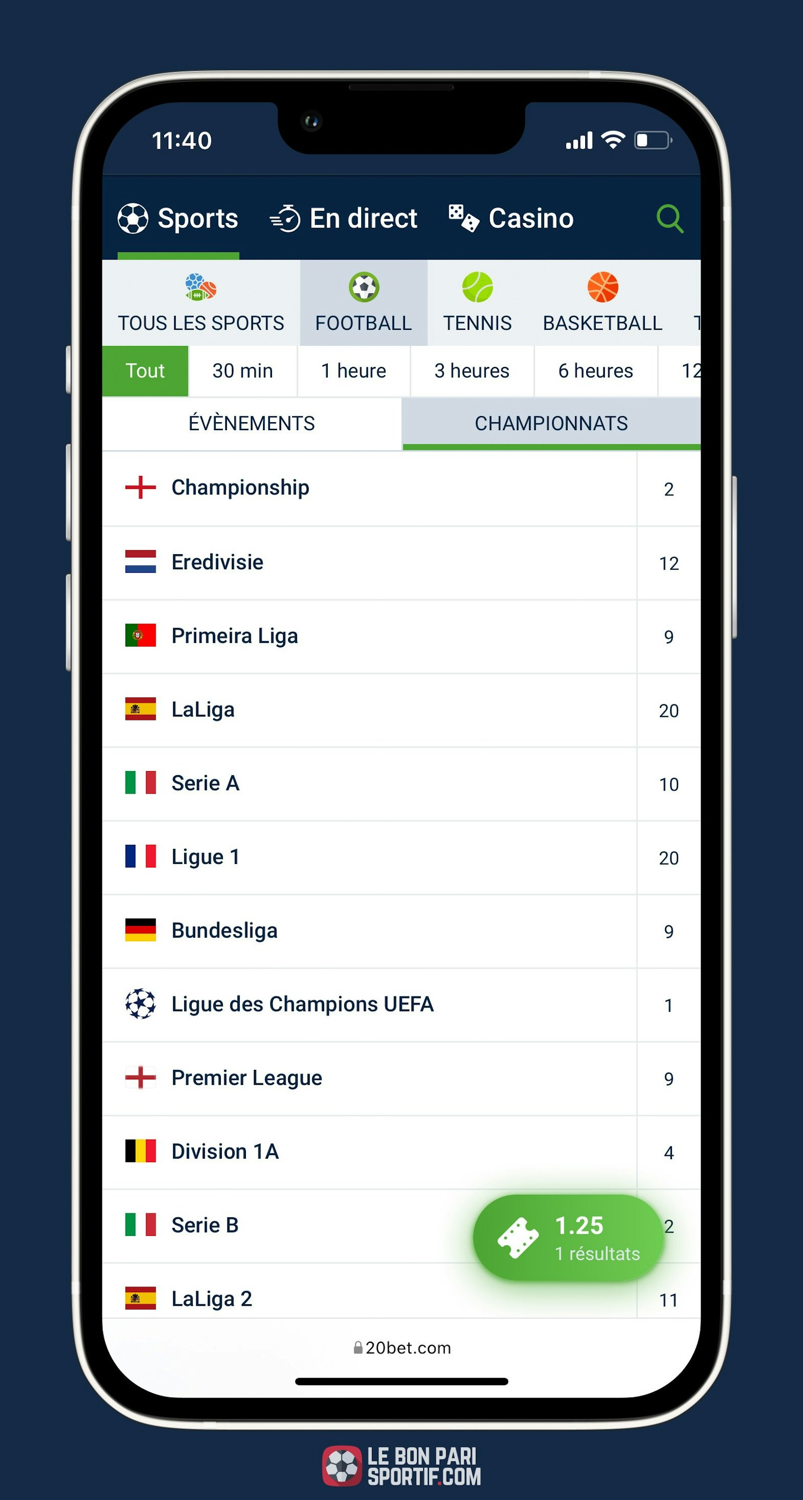 20 Bet apperçu des compétitions foot disponibles
