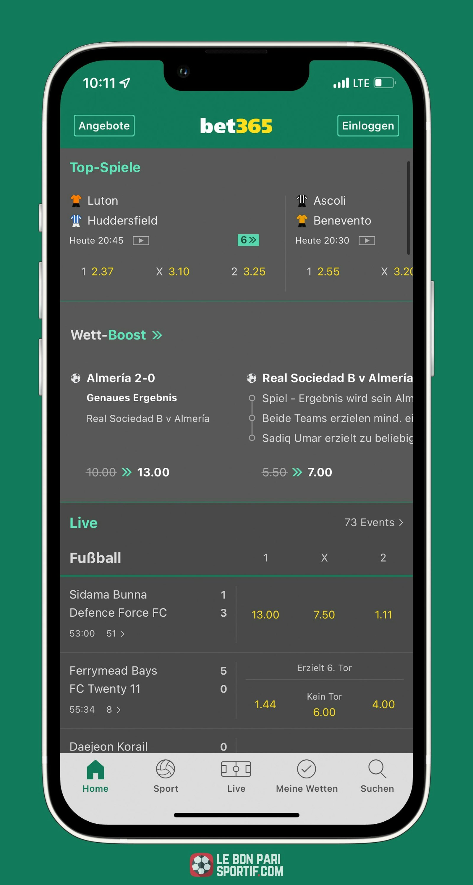 Interface de l'application Bet365