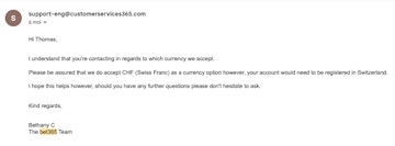 Capture écran échange service client Bet365 et CHF