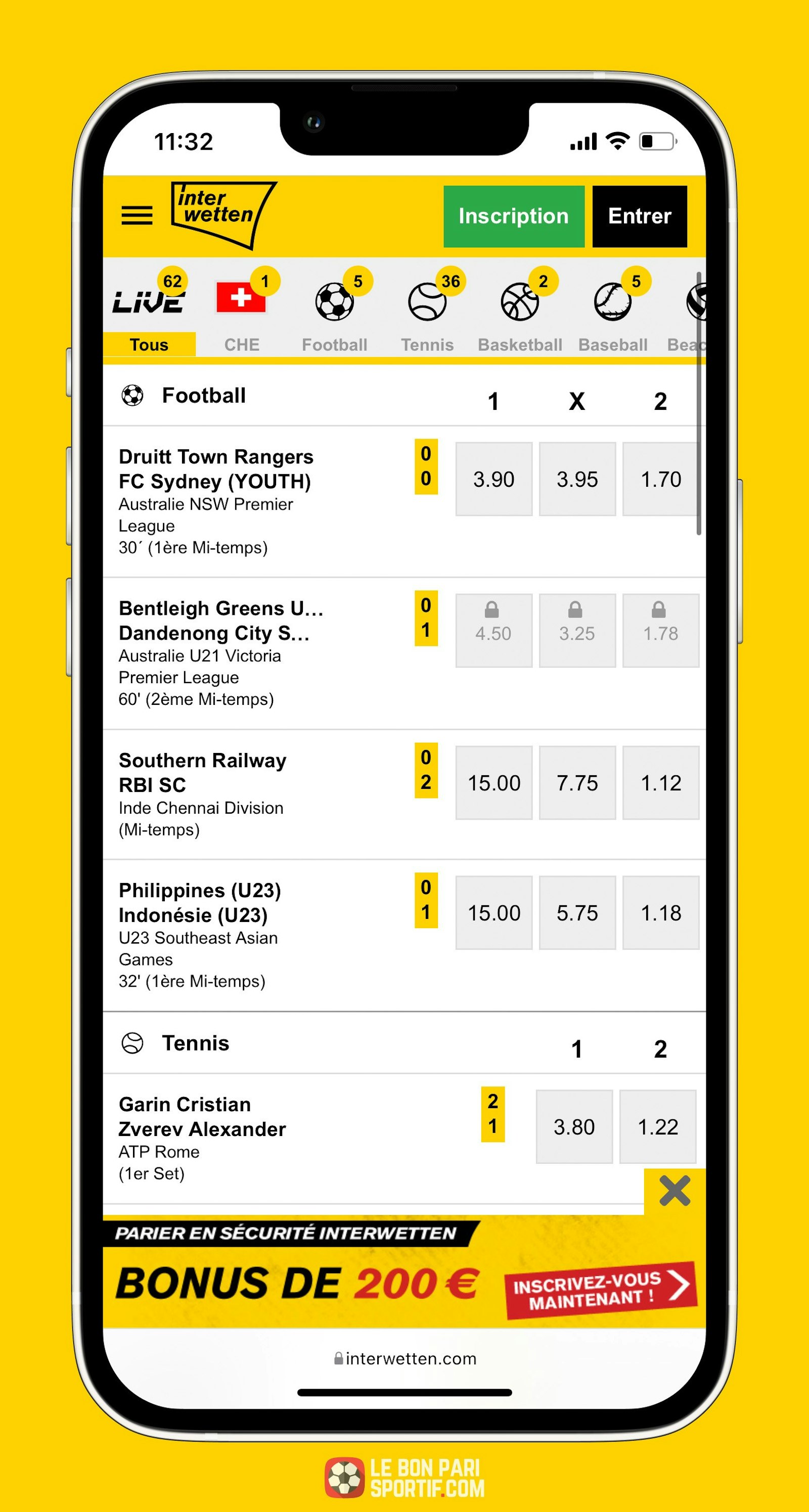 Interwetten exemple des cotes disponibles
