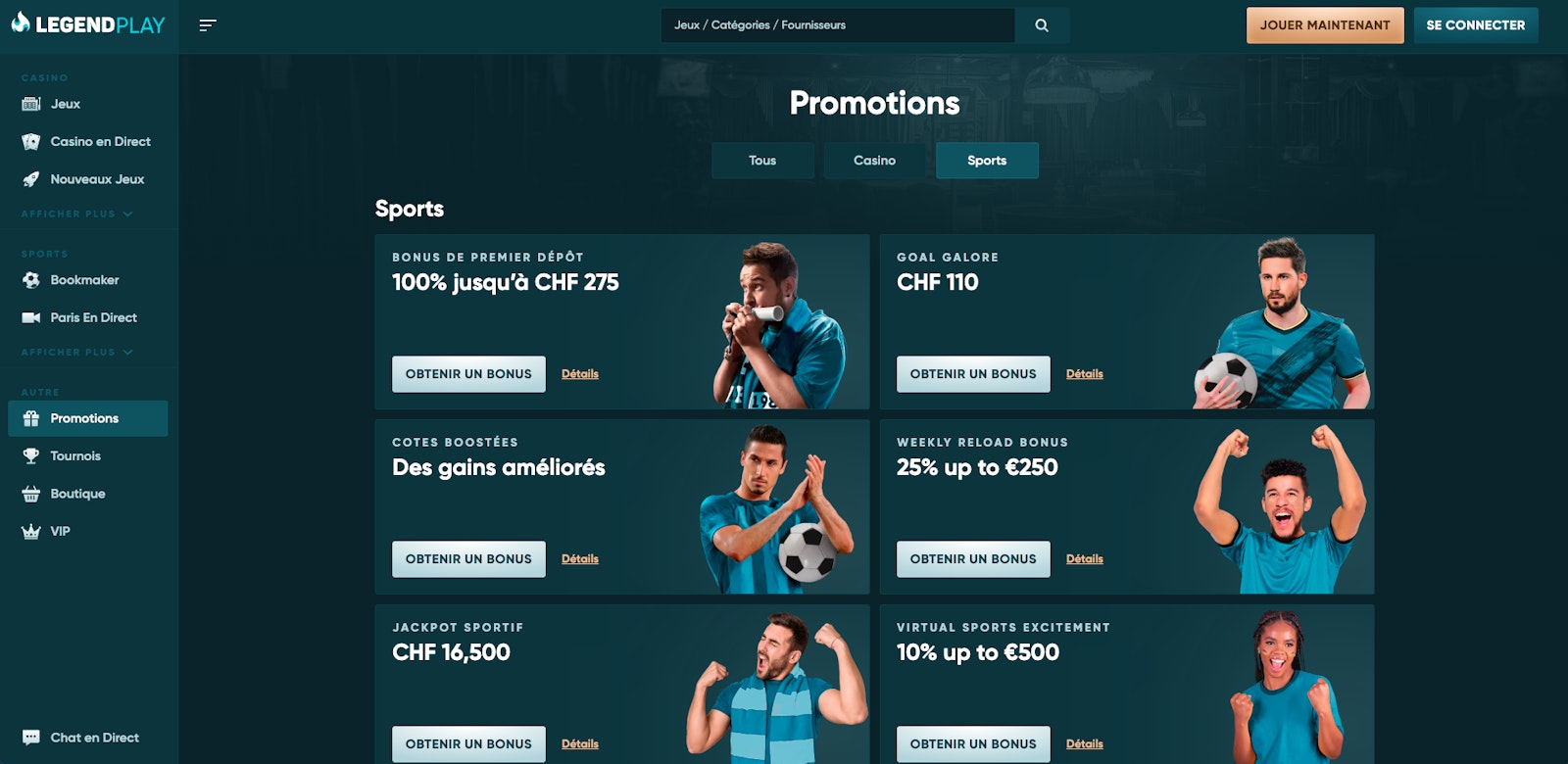 Page des promotions de Legend Play