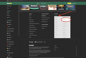 Capture écran de la zone pour changer la langue du site Bet365 en français